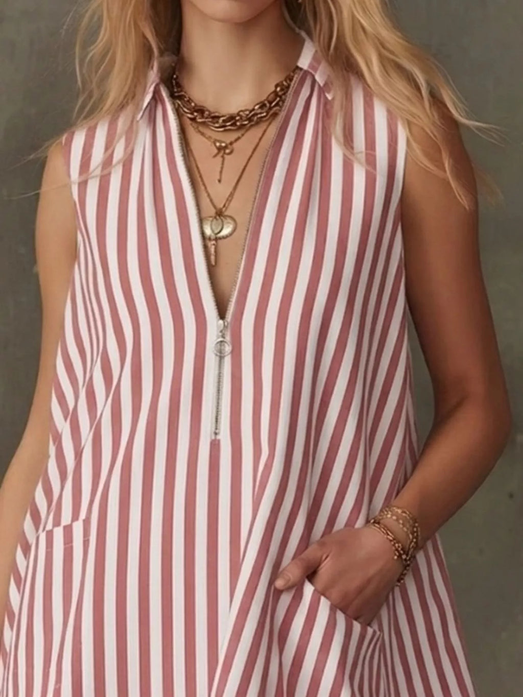 Striped Zipper Neck Ruffle Hem Dress